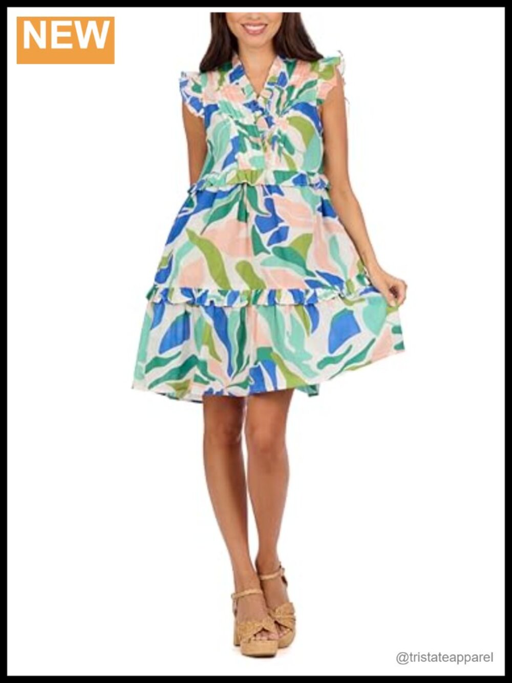 Cotton Cambric Flounce Dress Flutter Sleeve Side Pockets V-Neck Casual